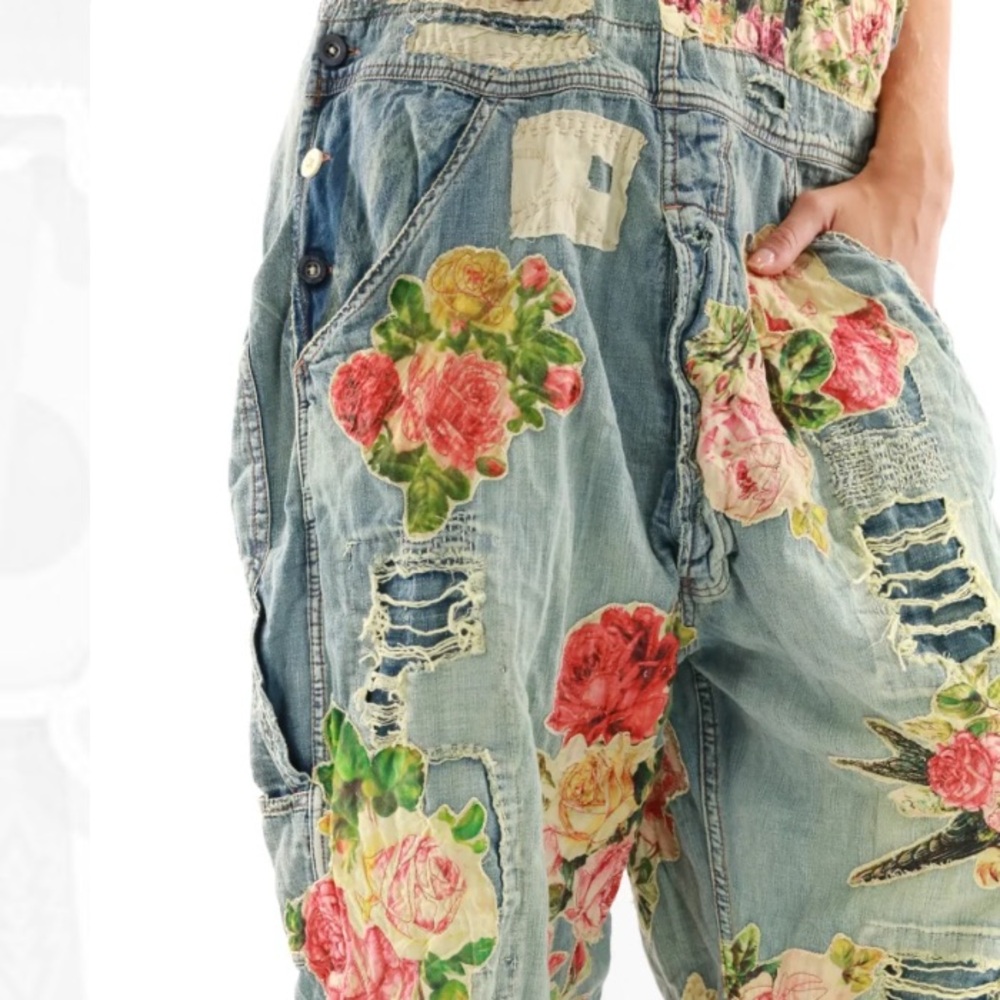 Magnolia Pearl/Free People Floral Appliqué Denim Overalls - Vintage - OS - NWT - Picture 8 of 16